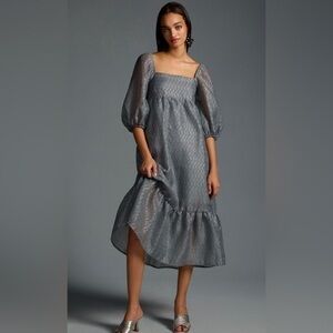 NWT! Anthropologie Size XXS • Textured Puff Sleeve Dress Midi Tiered Dress.